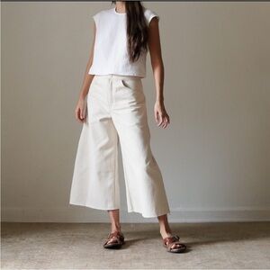 ZII ROPA Aku white denim raw fray hem wide leg cropped jeans